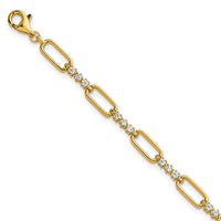 Sterling Silver Gold-tone Polished CZ Link 7in w/1in Ext Bracelet