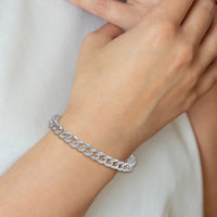 SS RH-plated Polished CZ 8mm Curb Link 7in w/ 1.5in Ext Bracelet