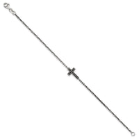 Sterling Silver Polished and Antiqued Black CZ Cross 7.5in Bracelet