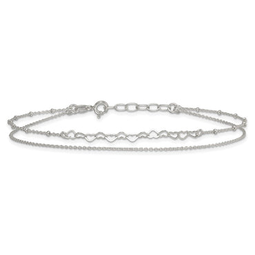 Sterling Silver Polished and Beaded Hearts 2-Strand 9in Plus 1in Ext Anklet