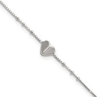 Sterling Silver Polished and Beaded Heart 9in Plus 1in Ext Anklet