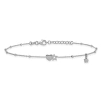 SSilver RH-plated Heart And Stars with Stations 9in Plus 1in ext. Anklet