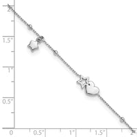 SSilver RH-plated Heart And Stars with Stations 9in Plus 1in ext. Anklet