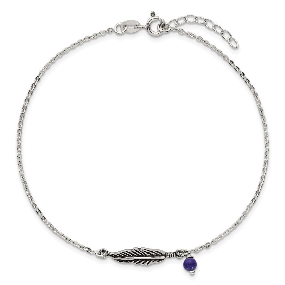 SSilver Oxidized Polished Blue Lapis Bead and Feather 9in Plus 1in Ext Ankl