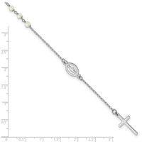 Sterling Silver RH-plated FWC Pearl Cross Rosary Themed 10in Anklet