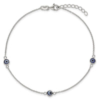 Sterling Silver Polished and Glass Evil Eye 9in Plus 1in Ext Anklet