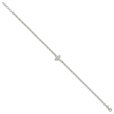 Sterling Silver Polished CZ Whale Tail 9in Plus 1in Ext Anklet