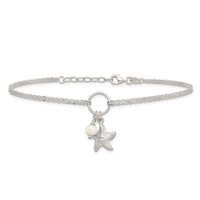 Sterling Silver FWC Pearl and 3-D Starfish 2-Strand 9in Plus 1in Ext Anklet