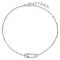 Sterling Silver Polished CZ Safety Pin 9 Inch Plus 1 Inch Extension Anklet