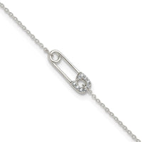Sterling Silver Polished CZ Safety Pin 9 Inch Plus 1 Inch Extension Anklet
