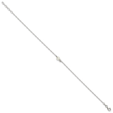 Sterling Silver Polished Bead and Glass Pearl 9in Plus 1in Ext Anklet