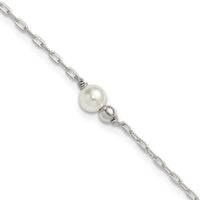 Sterling Silver Polished Bead and Glass Pearl 9in Plus 1in Ext Anklet