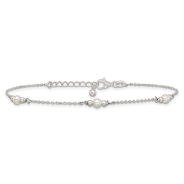Sterling Silver Polished and Beaded Acrylic Pearl 9in Plus 1in Ext Anklet