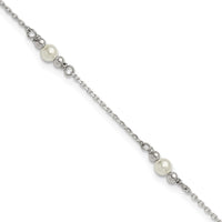 Sterling Silver Polished and Beaded Acrylic Pearl 9in Plus 1in Ext Anklet