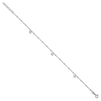 Sterling Silver Polished and Beaded CZ 9in Plus 1in Ext Anklet