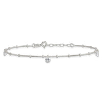 Sterling Silver Polished and Beaded CZ 9in Plus 1in Ext Anklet