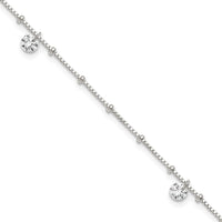 Sterling Silver Polished and Beaded CZ 9in Plus 1in Ext Anklet
