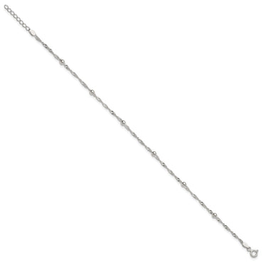 Sterling Silver Polished and Beaded Fancy Link 9in Plus 1in Ext Anklet