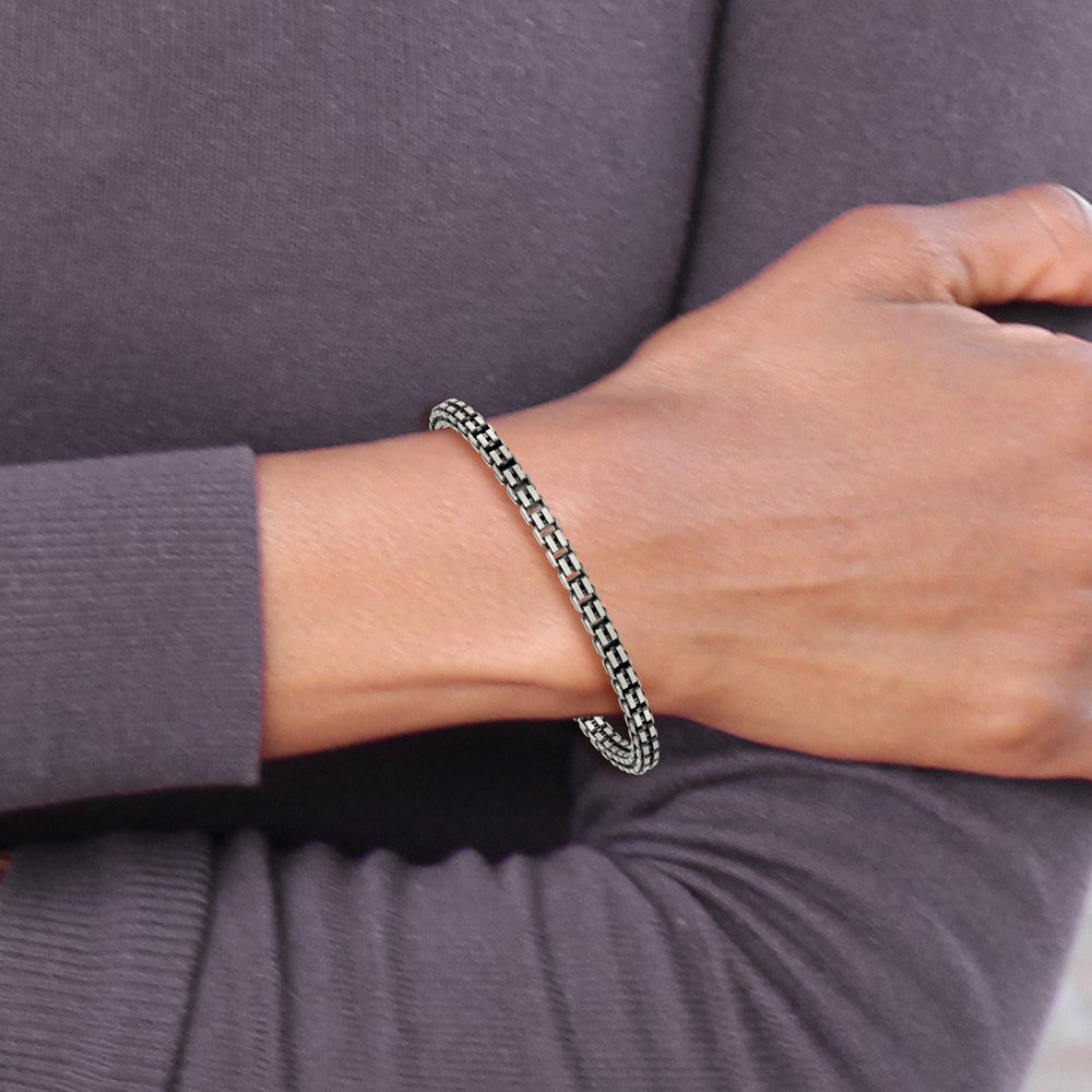 Sterling Silver Antiqued Brushed Fancy Box Link 4mm 7.75in Bracelet