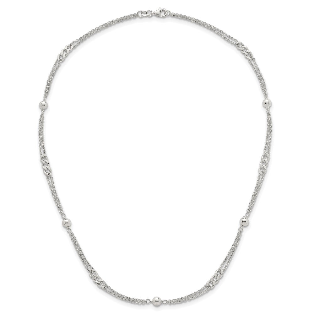 SS Polished and Beaded Fancy 2-Strand Link 17.5in Necklace