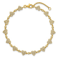 Sterling Silver Gold-tone Polished Pave CZ Hearts 7in w/ 1in Ext Bracelet