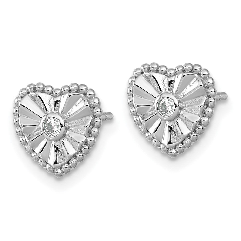 Sterling Silver RH-plated Polished and Textured CZ Heart Post Earrings