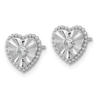 Sterling Silver RH-plated Polished and Textured CZ Heart Post Earrings