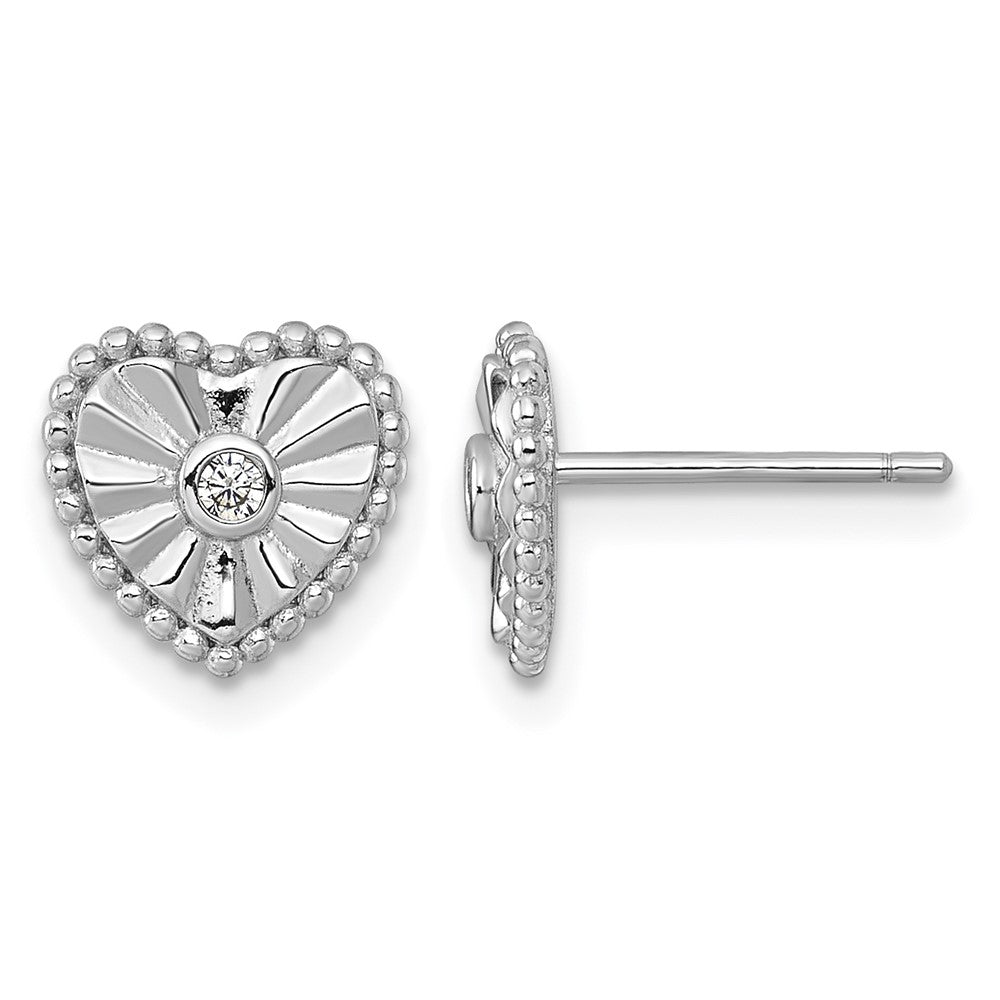 Sterling Silver RH-plated Polished and Textured CZ Heart Post Earrings