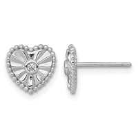 Sterling Silver RH-plated Polished and Textured CZ Heart Post Earrings