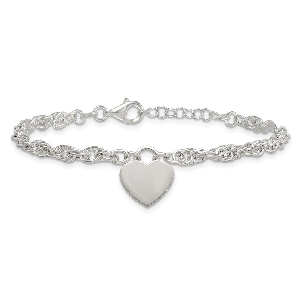 Sterling Silver Polished Fancy Engravable Heart 7in w/1in Ext Bracelet
