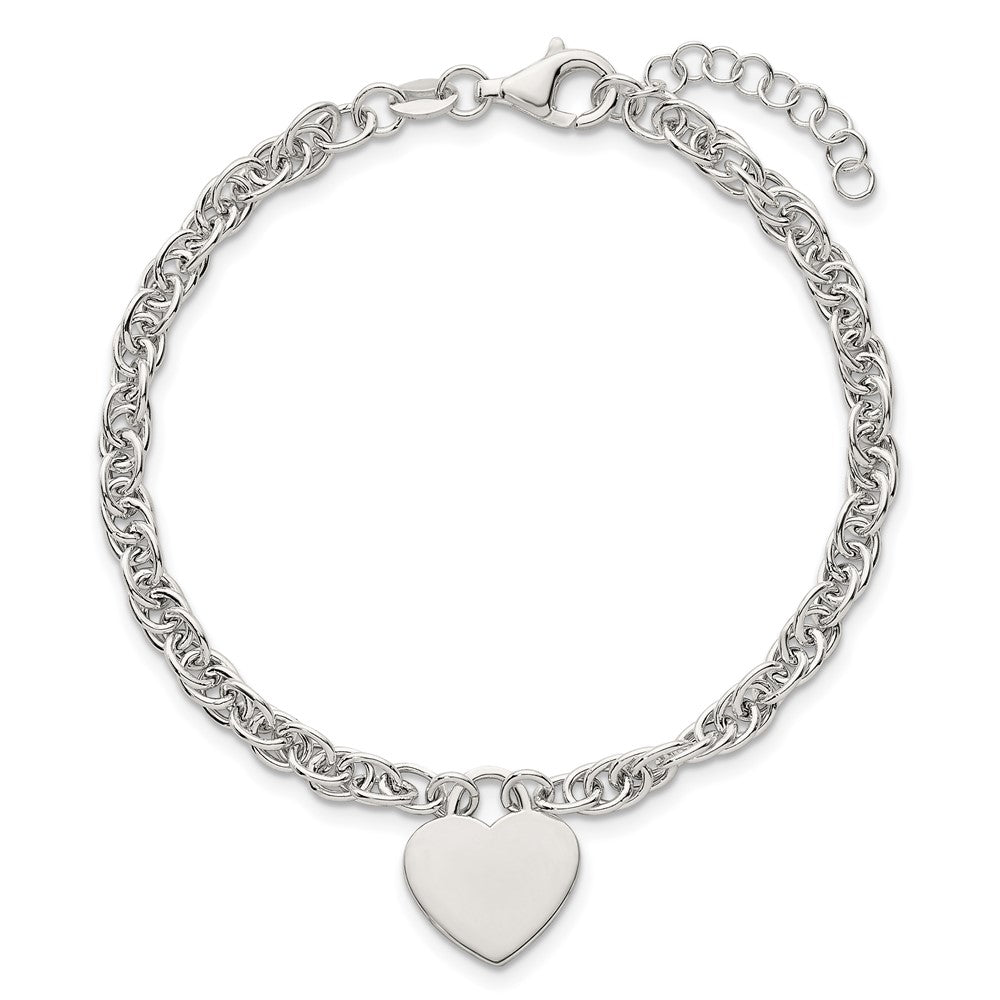Sterling Silver Polished Fancy Engravable Heart 7in w/1in Ext Bracelet