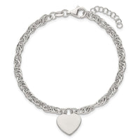 Sterling Silver Polished Fancy Engravable Heart 7in w/1in Ext Bracelet