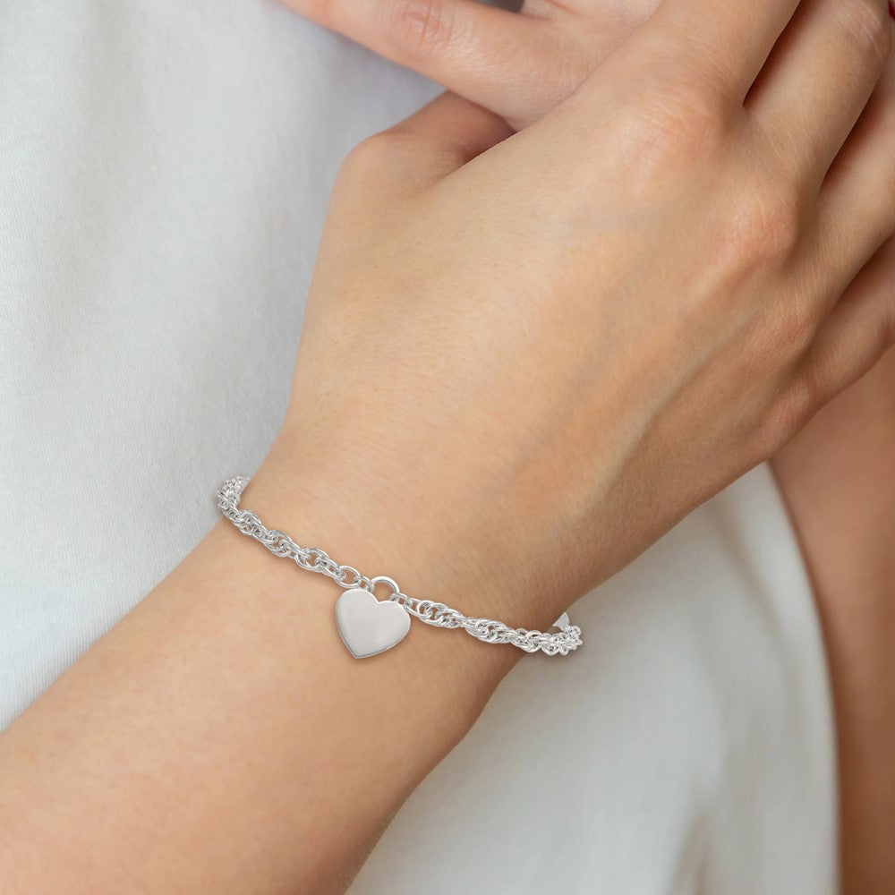 Sterling Silver Polished Fancy Engravable Heart 7in w/1in Ext Bracelet