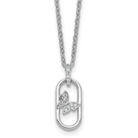 Sterling Silver RH-plated CZ Oval with Butterfly 16in w/1.5in Ext Necklace