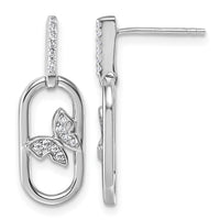 Sterling Silver Rhodium-plated CZ Oval Dangle With Butterfly Post Earrings