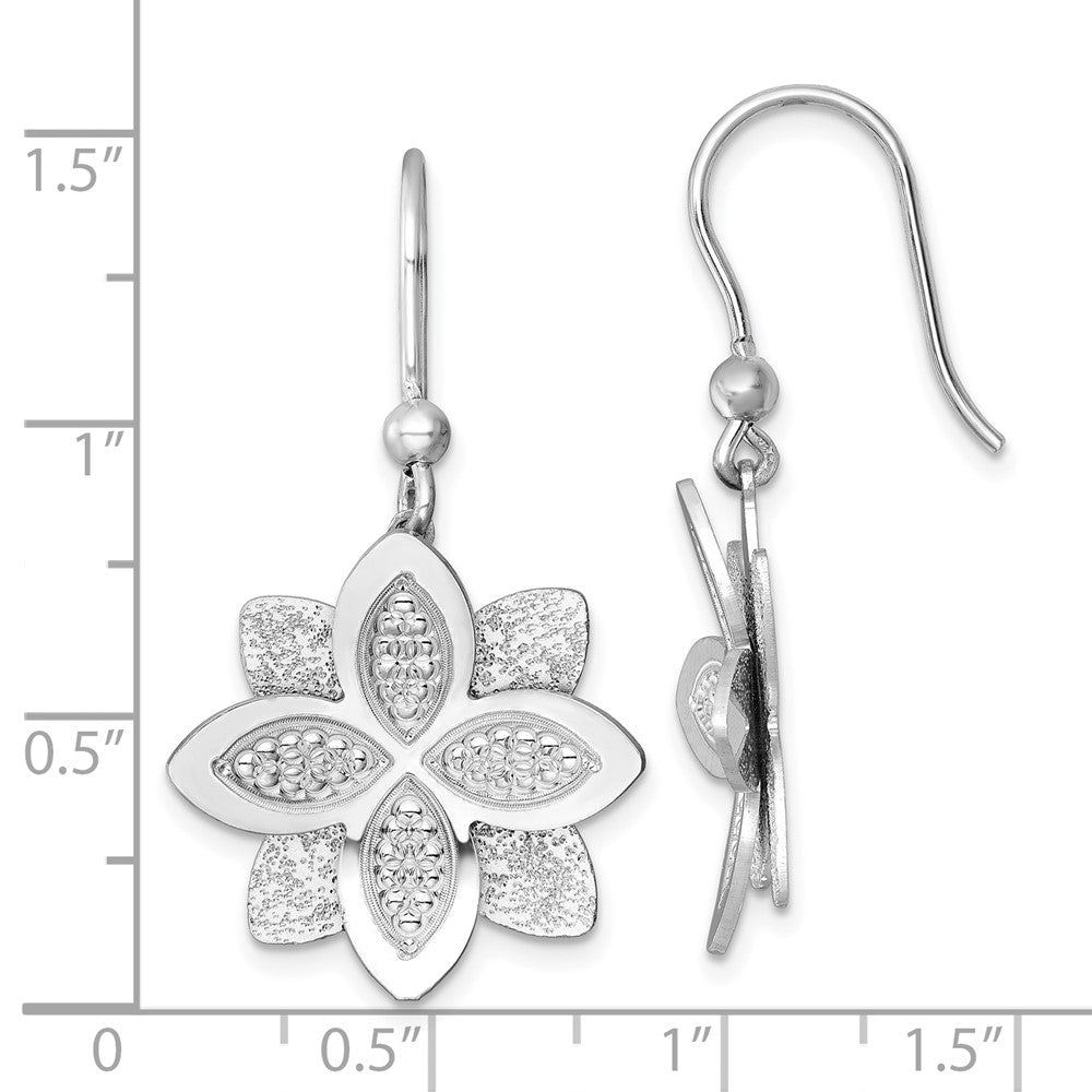 Sterling Silver RH-plated Polished Brushed/Textured Flower Dangle Earrings