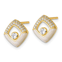 Sterling Silver Gold-tone CZ Enamel Polished Square Post Earrings
