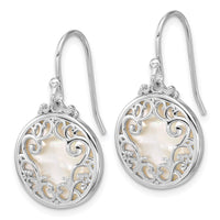 Sterling Silver RH-plated Filigree Mother of Pearl Circle Dangle Earrings