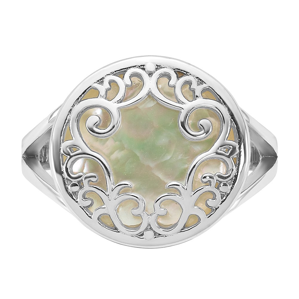 Sterling Silver RH-plated Polished Filigree MOP Circle Ring