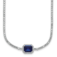 Sterling Silver RH-plated Blue and White CZ 16in w/ 2in Ext Tennis Necklace