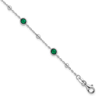 Sterling Silver RH-plated Beaded Green CZ 7in w/1in Ext Bracelet