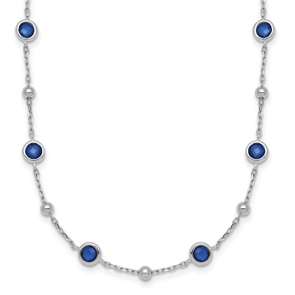 Sterling Silver RH-plated and Beaded Blue CZ 16in w/2in Ext Necklace
