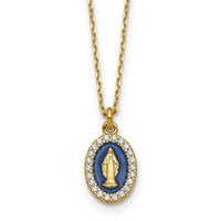 Sterling Silver Gold-plat CZ Enamel Miraculous Medal w/2in ext. Necklace
