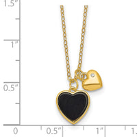 Sterling Silver Gold-tone Onyx CZ Hearts 14in w/3in Ext Children's Necklace