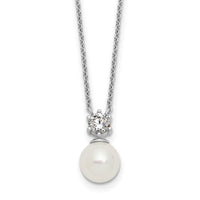 Sterling Silver RH-pltd Polished CZ Shell Pearl 15.5in w/2in Ext Necklace
