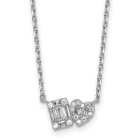 Sterling Silver RH-plated CZ Heart/Rectangle 16in w/2in Ext Necklace