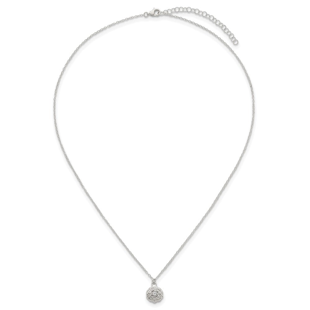 Sterling Silver Polished CZ Flower 16 Inch with 2 Inch Extension Necklace