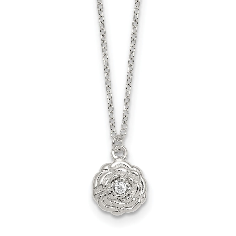 Sterling Silver Polished CZ Flower 16 Inch with 2 Inch Extension Necklace