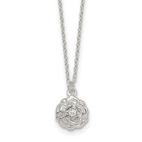 Sterling Silver Polished CZ Flower 16 Inch with 2 Inch Extension Necklace