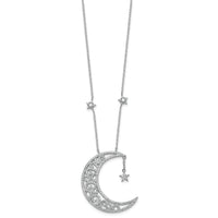 Sterling Silver RH-plated Polished CZ Moon and Stars 18in Necklace